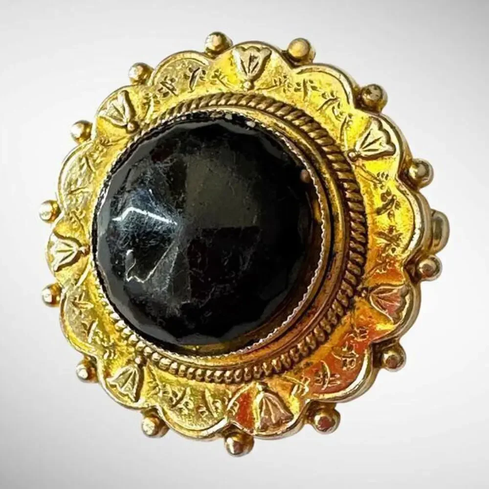 Freirich Victorian Revival 1.5” Brooch Black Cabachon Gold Filigree Dome VNTG